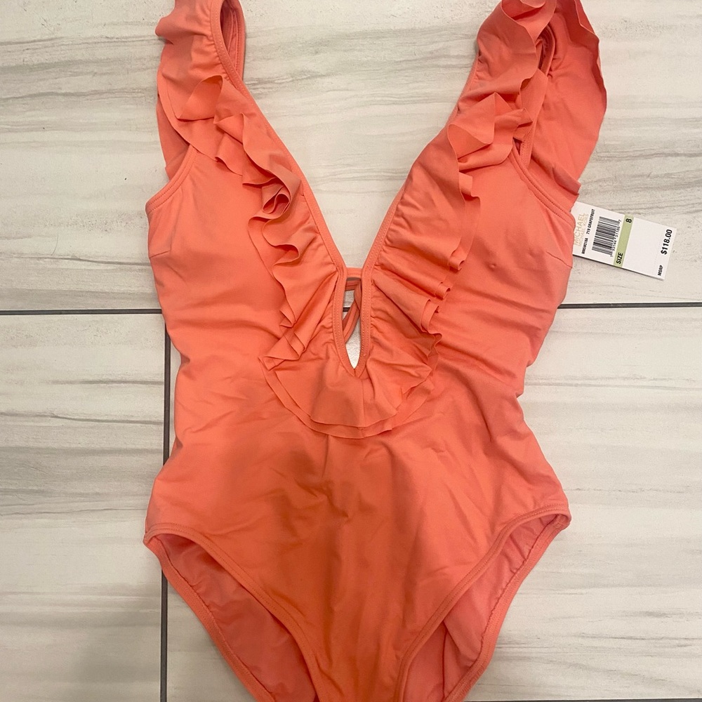 Michael Kors Ruffled Deep V One-Piece Swimsuit